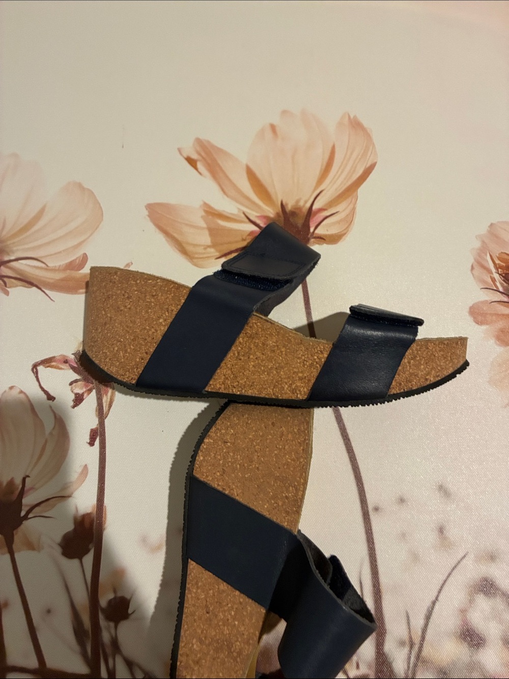 Eric Michael Navy Cork Wedge Slide Sandals with Adjustable Straps